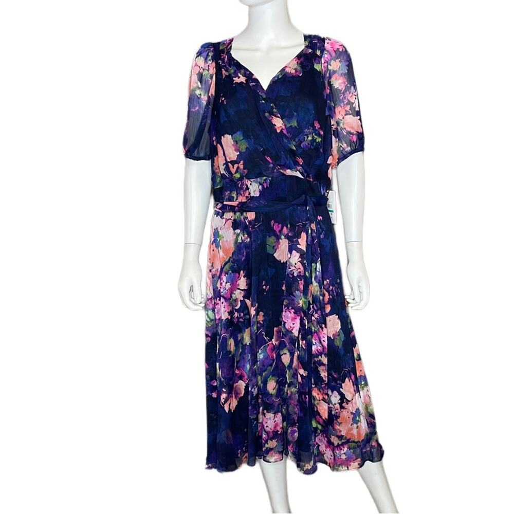 DKNY Short Sleeve V Neck Tie Waist Floral Chiffon Fit And Flare Dress Sz 16 - Picture 2 of 7